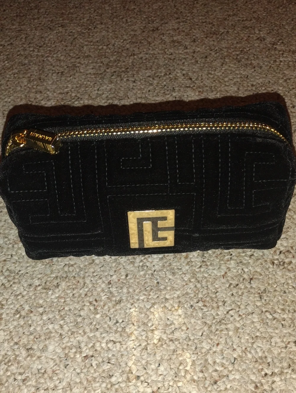 Balmain Black Quilted Velvet Pouch with Gold Hardware